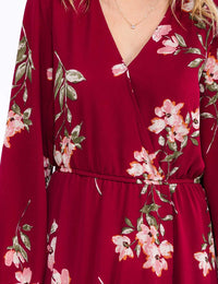 WOMEN'S LONG SLEEVE SURPLICE ELASTIC WAIST HIGH-LOW FLORAL MAXI DRESS