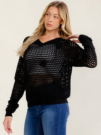 WOMEN'S LONG SLEEVE V-NECK PULLOVER CROCHET SWEATER