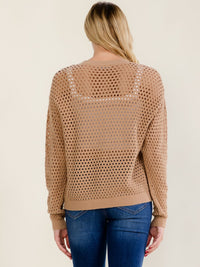 WOMEN'S LONG SLEEVE V-NECK PULLOVER CROCHET SWEATER