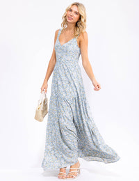 WOMEN'S SLEEVELESS V-NECK SMOCK TIERED FLORAL PRINT MAXI DRESS