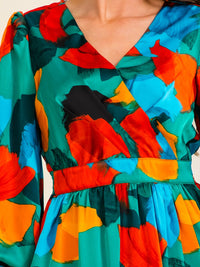 ENTRO WOMEN'S LONG SLEEVE SURPLICE ELASTIC WAIST MULTI PRINT MINI DRESS