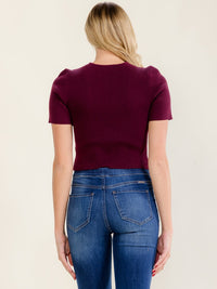 WOMEN'S SHORT SLEEVE BUTTON UP RIBBED CROP TOP