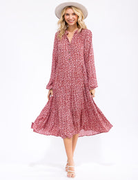 WOMEN'S LONG SLEEVE V-NECK BUTTON UP FLORAL TIERED MIDI DRESS