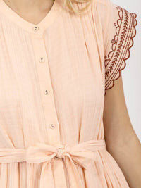 WOMEN'S SHORT SLEEVE BUTTON UP FRONT POCKETS SELF TIE MIDI DRESS