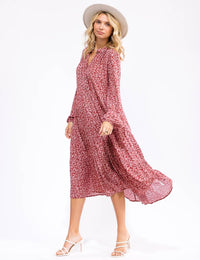 WOMEN'S LONG SLEEVE V-NECK BUTTON UP FLORAL TIERED MIDI DRESS