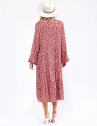 WOMEN'S LONG SLEEVE V-NECK BUTTON UP FLORAL TIERED MIDI DRESS