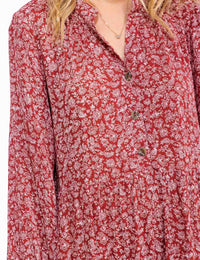 WOMEN'S LONG SLEEVE V-NECK BUTTON UP FLORAL TIERED MIDI DRESS