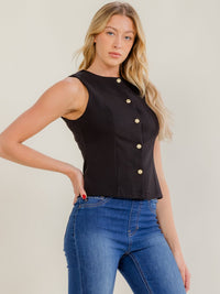 WOMEN'S SLEEVELESS BUTTON UP SOLID TOP