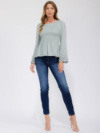WOMEN'S LONG EYELET SLEEVE SQUARE NECK SMOCK PEPLUM BLOUSE