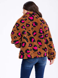 WOMEN'S LONG SLEEVE ZIP UP FRONT POCKETS ANIMAL PRINT SHERPA JACKET