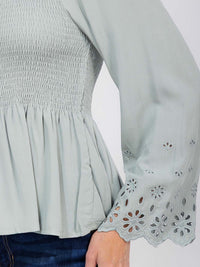WOMEN'S LONG EYELET SLEEVE SQUARE NECK SMOCK PEPLUM BLOUSE