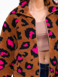WOMEN'S LONG SLEEVE ZIP UP FRONT POCKETS ANIMAL PRINT SHERPA JACKET
