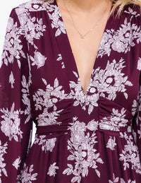 WOMEN'S LONG SLEEVE V-NECK SELF TIE FLORAL MAXI DRESS