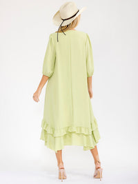 WOMEN'S 3/4 SLEEVE RUFFLE BOTTOM HEM FRONT POCKETS LOOSE FIT MAXI DRESS