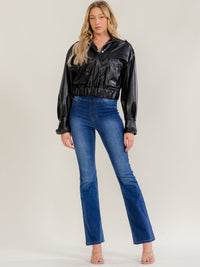 WOMEN'S LONG SLEEVE BUTTON UP FRONT POCKETS ELASTIC WAIST PU LEATHER JACKET