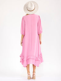 WOMEN'S 3/4 SLEEVE RUFFLE BOTTOM HEM FRONT POCKETS LOOSE FIT MAXI DRESS