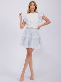 WOMEN'S RUFFLE SLEEVE BLOUSE & ELASTIC WAIST MINI SKIRT EYELET 2PC. SET