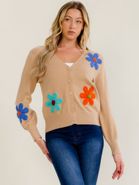 WOMEN'S LONG SLEEVE V-NECK BUTTON UP CROCHET FLOWERS SWEATER