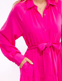 WOMEN'S LONG SLEEVE BUTTON UP SELF TIE TIERED MAXI DRESS
