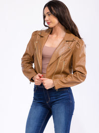 WOMEN'S LONG SLEEVE ZIP UP FRONT POCKETS PU PLEATHER JACKET