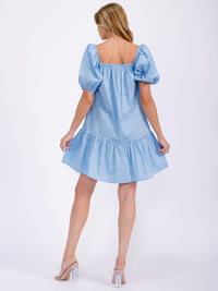 WOMEN'S SHORT PUFF SLEEVE FRONT POCKETS TIERED MINI DRESS