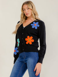 WOMEN'S LONG SLEEVE V-NECK BUTTON UP CROCHET FLOWERS SWEATER