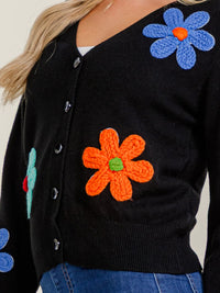 WOMEN'S LONG SLEEVE V-NECK BUTTON UP CROCHET FLOWERS SWEATER
