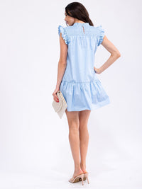 WOMEN'S RUFFLE SLEEVE FRONT POCKETS MINI DRESS