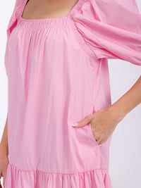 WOMEN'S SHORT PUFF SLEEVE FRONT POCKETS TIERED MINI DRESS