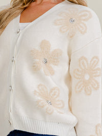 WOMEN'S LONG SLEEVE V-NECK BUTTON UP FUZZY FLOWERS SWEATER