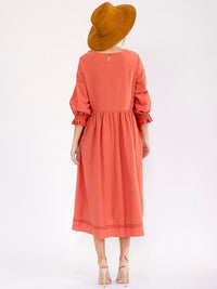 WOMEN'S 3/4 SLEEVE V-NECK FRONT POCKETS LOOSE FIT LINEN MAXI DRESS