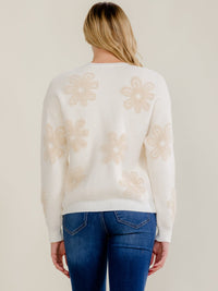 WOMEN'S LONG SLEEVE V-NECK BUTTON UP FUZZY FLOWERS SWEATER