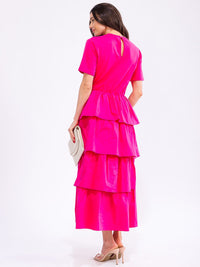 WOMEN'S SHORT SLEEVE FRONT POCKETS ELASTIC WAIST RUFFLE TIERED MAXI DRESS
