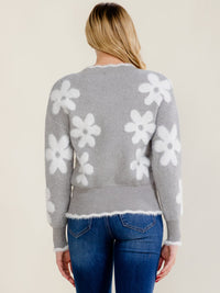 WOMEN'S LONG SLEEVE V-NECK FLOWER FUZZY PULLOVER SWEATER