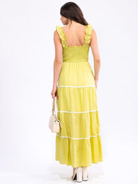 WOMEN'S RUFFLE SLEEVELESS FRONT POCKETS SMOCK TIERED MAXI DRESS