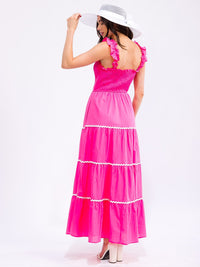 WOMEN'S RUFFLE SLEEVELESS FRONT POCKETS SMOCK TIERED MAXI DRESS