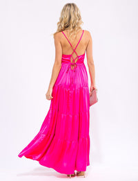 WOMEN'S SLEEVELESS V-NECK OPEN BACK TIERED MAXI DRESS