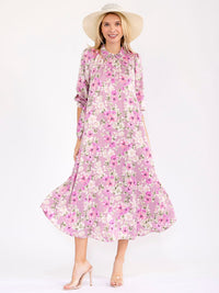 WOMEN'S 3/4 SLEEVE FRONT POCKETS FLORAL PRINT MAXI DRESS