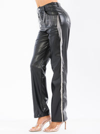 WOMEN'S BUTTON CLOSURE POCKETS STUDS FRINGE DETAILED PU PLEATHER WIDE LEG PANTS