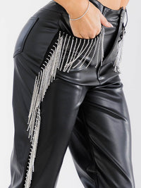 WOMEN'S BUTTON CLOSURE POCKETS STUDS FRINGE DETAILED PU PLEATHER WIDE LEG PANTS