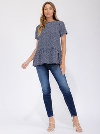 WOMEN'S SHORT SLEEVE FLOWER HIGH-LOW BLOUSE