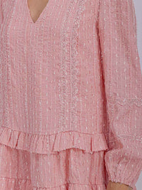 WOMEN'S LONG SLEEVE V-NECK RUFFLE TIERED SHIMMER MINI DRESS