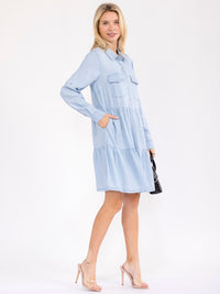WOMEN'S LONG SLEEVE BUTTON UP FRONT POCKETS TIERED CHAMBRAY MINI DRESS
