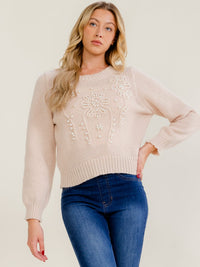 WOMEN'S LONG SLEEVE PEARL DETAILED PULLOVER SWEATER