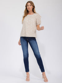 WOMEN'S SHORT SLEEVE FLOWER DETAILED BLOUSE