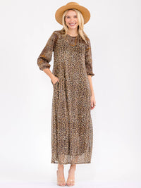 WOMEN'S 3/4 SLEEVE FRONT POCKETS SEQUINS ANIMAL PRINT MAXI DRESS
