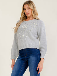 WOMEN'S LONG SLEEVE PEARL DETAILED PULLOVER SWEATER