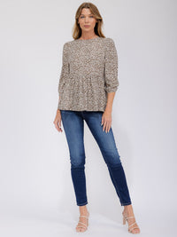 WOMEN'S 3/4 SLEEVE FLOWER PEPLUM BLOUSE