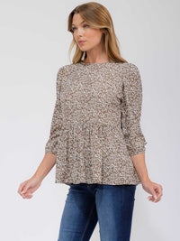 WOMEN'S 3/4 SLEEVE FLOWER PEPLUM BLOUSE