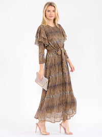 WOMEN'S 3/4 RUFFLE SLEEVE SELF TIE SEQUINS ANIMAL PRINT MAXI DRESS